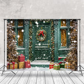 Lofaris Green Retro Door Tree Gifts Snowy Christmas Backdrop